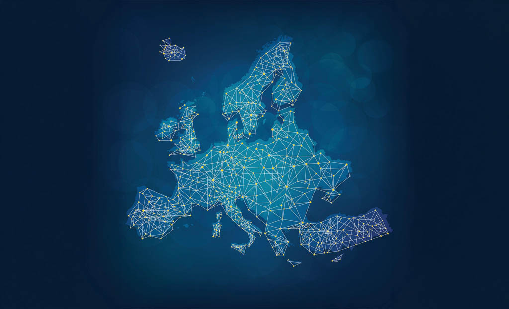 Europaweit vernetzt Das Bild zeigt eine Karte von Europa mit einer Netzwerk-Übersicht darunter, die sich auf die Verbindungen zwischen den europäischen Ländern bezieht. Die Karte ist in einem dunklen Hintergrund eingebettet und wird von einem hellen Licht umgeben.